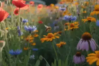 Dziki ogród chaos gardening z makami, chabrami i nagietkami rosnącymi swobodnie w polskim ogrodzie latem