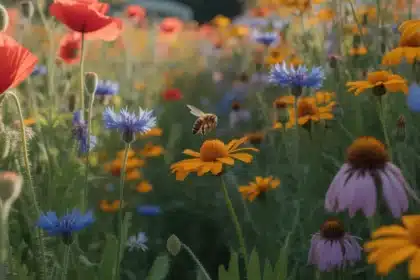 Dziki ogród chaos gardening z makami, chabrami i nagietkami rosnącymi swobodnie w polskim ogrodzie latem