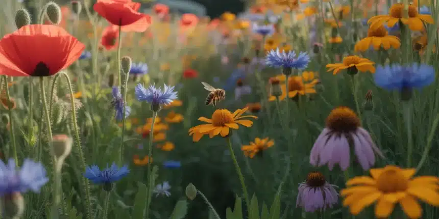 Dziki ogród chaos gardening z makami, chabrami i nagietkami rosnącymi swobodnie w polskim ogrodzie latem
