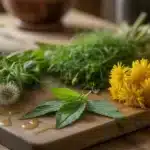 Jadalne chwasty ogrodowe – mniszek lekarski, pokrzywa, gwiazdnica i komosa biała na drewnianej desce kuchennej