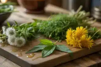 Jadalne chwasty ogrodowe – mniszek lekarski, pokrzywa, gwiazdnica i komosa biała na drewnianej desce kuchennej