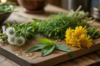 Jadalne chwasty ogrodowe – mniszek lekarski, pokrzywa, gwiazdnica i komosa biała na drewnianej desce kuchennej