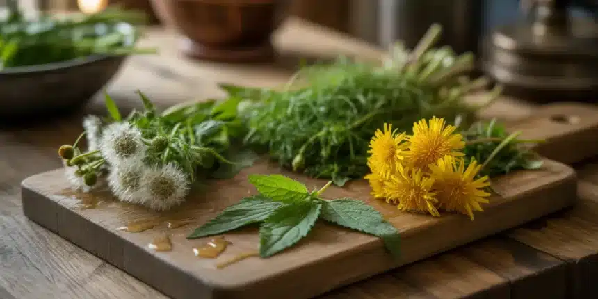 Jadalne chwasty ogrodowe – mniszek lekarski, pokrzywa, gwiazdnica i komosa biała na drewnianej desce kuchennej