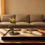 Miniaturowy japoński ogród zen karesansui na tacy w minimalistycznym salonie – biały żwir i kamienie