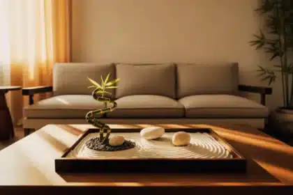 Miniaturowy japoński ogród zen karesansui na tacy w minimalistycznym salonie – biały żwir i kamienie