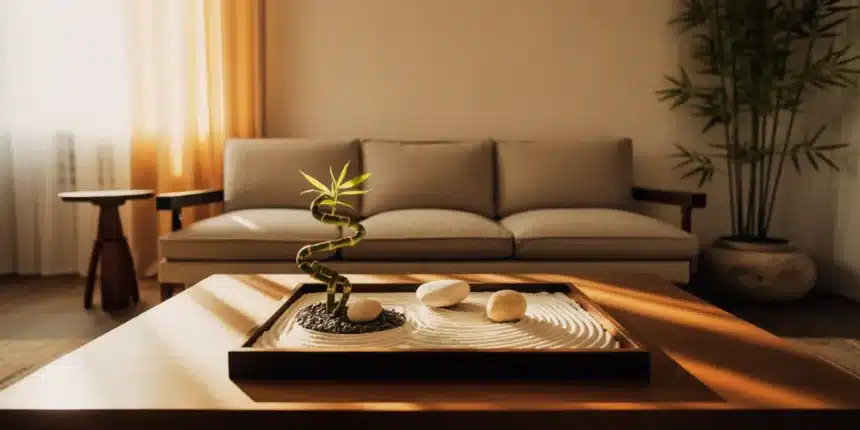 Miniaturowy japoński ogród zen karesansui na tacy w minimalistycznym salonie – biały żwir i kamienie