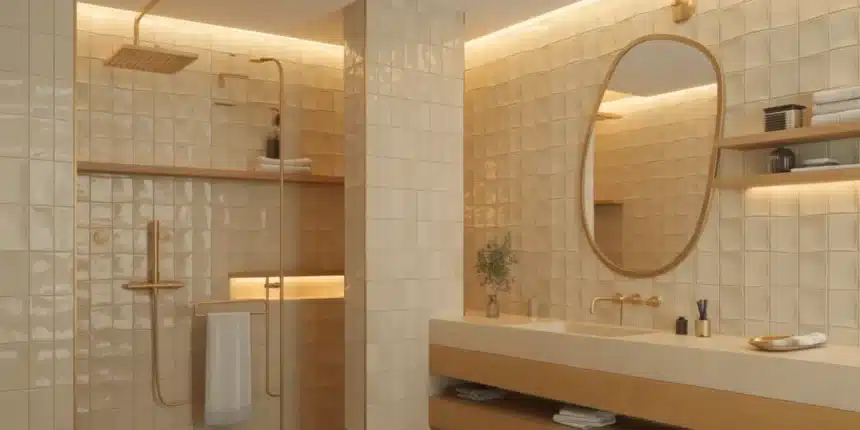 Nowoczesna łazienka 2026 w ciepłych beżach z matowymi płytkami, szczotkowaną armaturą i organicznym lustrem