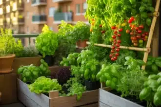 Japoński miniogród bento na balkonie – warzywa w skrzynkach podzielonych na strefy według metody bento