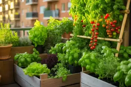 Japoński miniogród bento na balkonie – warzywa w skrzynkach podzielonych na strefy według metody bento