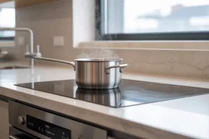 Niewidoczna indukcja pod blatem kuchennym ze spieku kwarcowego – system gotowania bez widocznej płyty