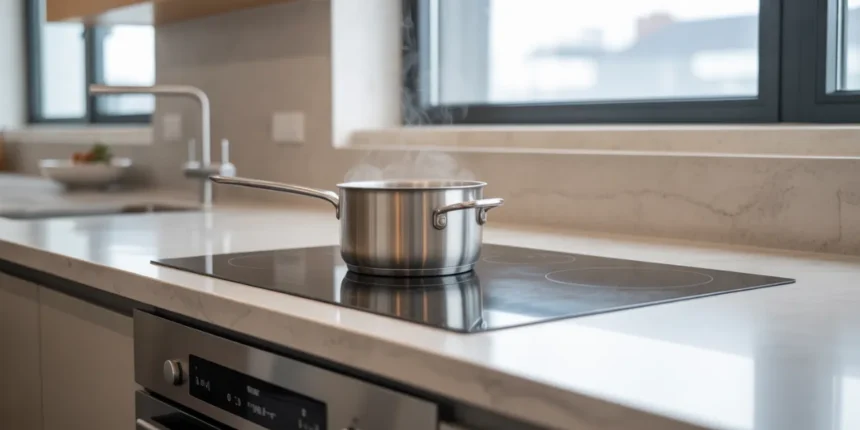 Niewidoczna indukcja pod blatem kuchennym ze spieku kwarcowego – system gotowania bez widocznej płyty