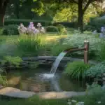 Ogród deszczowy w polskim ogrodzie przydomowym z rodzimymi roślinami i niecką retencyjną