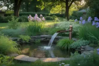Ogród deszczowy w polskim ogrodzie przydomowym z rodzimymi roślinami i niecką retencyjną