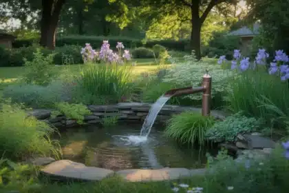 Ogród deszczowy w polskim ogrodzie przydomowym z rodzimymi roślinami i niecką retencyjną