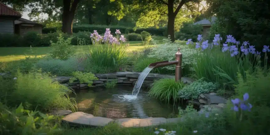 Ogród deszczowy w polskim ogrodzie przydomowym z rodzimymi roślinami i niecką retencyjną
