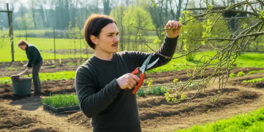 Ogrodnik przycinający drzewa owocowe w ostatnim tygodniu marca przed rozpoczęciem wegetacji