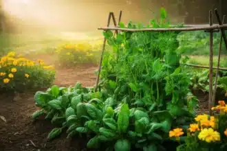 Grządka permakulturowa w marcu z groszkiem siewnym, szpinakiem i aksamitkami blokującymi chwasty