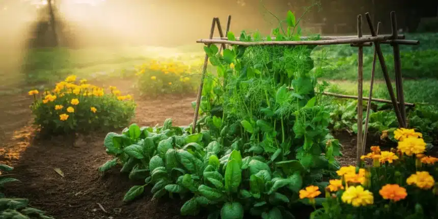 Grządka permakulturowa w marcu z groszkiem siewnym, szpinakiem i aksamitkami blokującymi chwasty