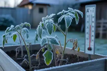 Rośliny ogrodowe pokryte szronem po nocnym przymrozku w Polsce – pomidory, pelargonie i hortensje zagrożone mrozem w kwietniu