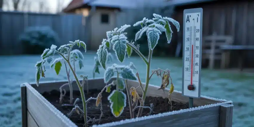 Rośliny ogrodowe pokryte szronem po nocnym przymrozku w Polsce – pomidory, pelargonie i hortensje zagrożone mrozem w kwietniu