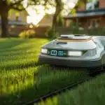 Robot koszący z AI autonomicznie koszący trawnik w polskim ogrodzie w 2026 roku