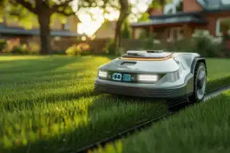 Robot koszący z AI autonomicznie koszący trawnik w polskim ogrodzie w 2026 roku