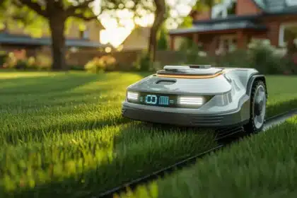 Robot koszący z AI autonomicznie koszący trawnik w polskim ogrodzie w 2026 roku