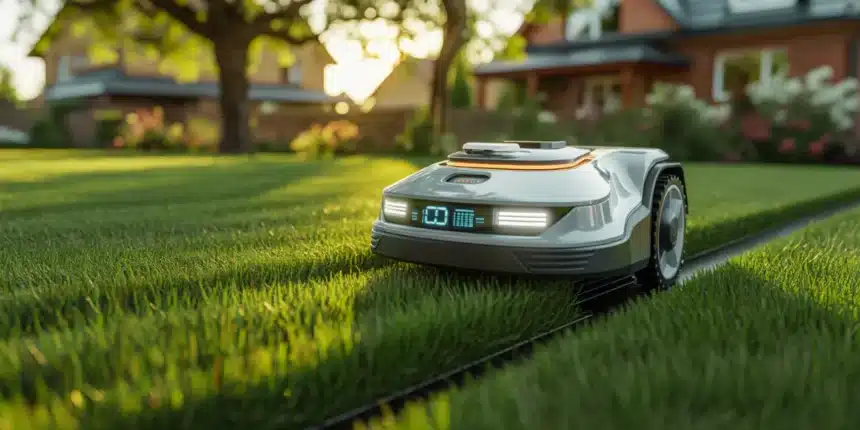 Robot koszący z AI autonomicznie koszący trawnik w polskim ogrodzie w 2026 roku