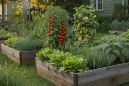 Strefa warzywna zamiast trawnika – podwyższone grządki z warzywami w polskim ogrodzie przydomowym