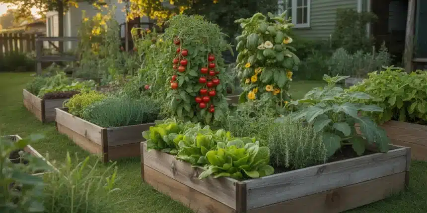 Strefa warzywna zamiast trawnika – podwyższone grządki z warzywami w polskim ogrodzie przydomowym