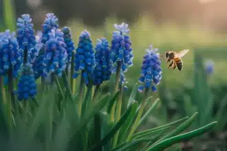 Szafirki Muscari armeniacum w pełnym kwitnieniu – kobaltowe grona kwiatów w wiosennym ogrodzie