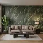Nowoczesny salon z tapetą botaniczną na jednej ścianie akcentowej – trend 2026 w polskich mieszkaniach