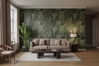 Nowoczesny salon z tapetą botaniczną na jednej ścianie akcentowej – trend 2026 w polskich mieszkaniach