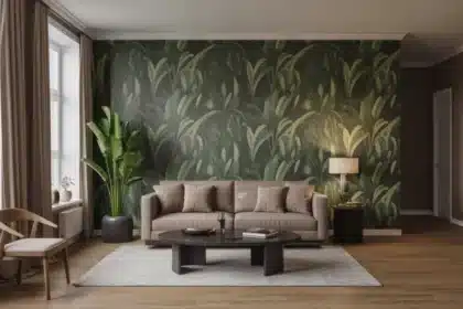 Nowoczesny salon z tapetą botaniczną na jednej ścianie akcentowej – trend 2026 w polskich mieszkaniach