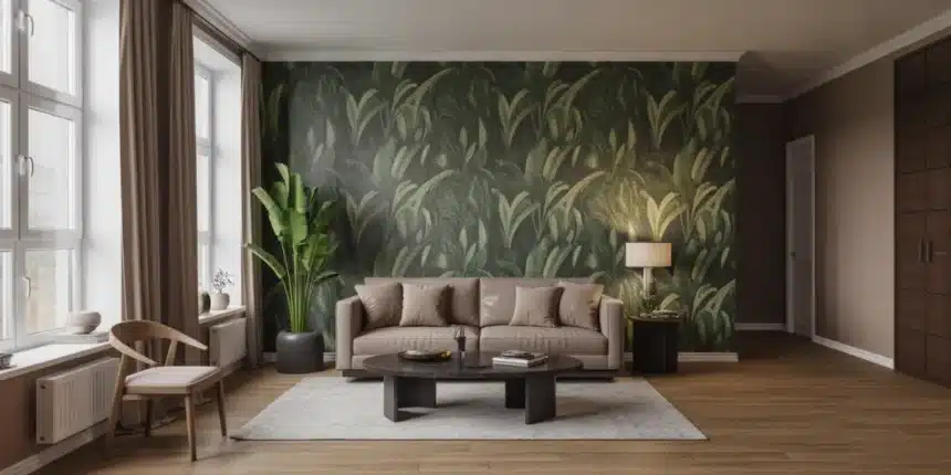 Nowoczesny salon z tapetą botaniczną na jednej ścianie akcentowej – trend 2026 w polskich mieszkaniach
