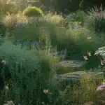 Dziki ogród naturalistyczny z bylinami i trawami ozdobnymi rosnącymi bez podlewania w polskim ogrodzie