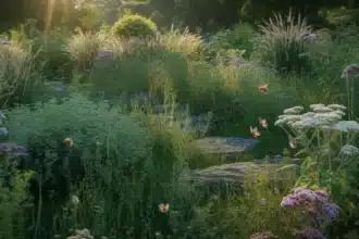 Dziki ogród naturalistyczny z bylinami i trawami ozdobnymi rosnącymi bez podlewania w polskim ogrodzie