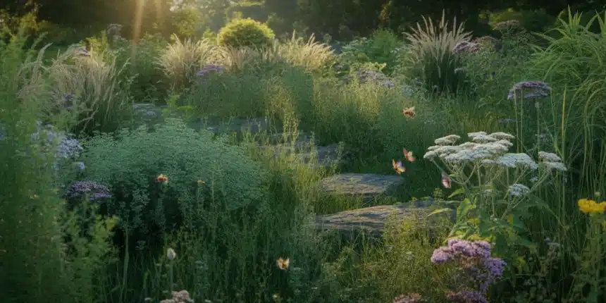 Dziki ogród naturalistyczny z bylinami i trawami ozdobnymi rosnącymi bez podlewania w polskim ogrodzie