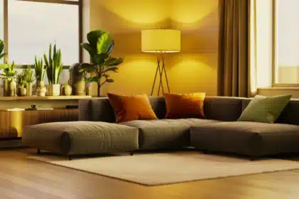 Technika z TikToka – floating furniture w salonie, kanapa odsunięta od ściany tworząca strefę rozmów