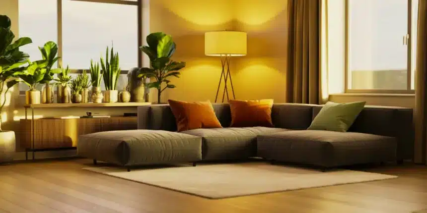 Technika z TikToka – floating furniture w salonie, kanapa odsunięta od ściany tworząca strefę rozmów