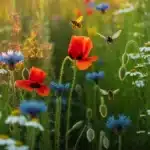 Dziki ogród z polskimi roślinami rodzimymi – maki, chabry i rumianek rosnące bez podlewania