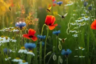 Dziki ogród z polskimi roślinami rodzimymi – maki, chabry i rumianek rosnące bez podlewania
