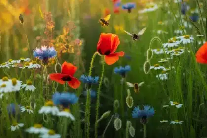 Dziki ogród z polskimi roślinami rodzimymi – maki, chabry i rumianek rosnące bez podlewania