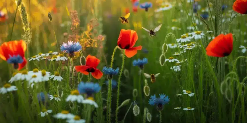 Dziki ogród z polskimi roślinami rodzimymi – maki, chabry i rumianek rosnące bez podlewania