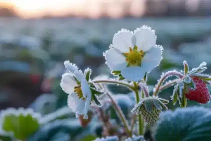 Kwiaty truskawek pokryte szronem po nocnym przymrozku w Polsce w kwietniu