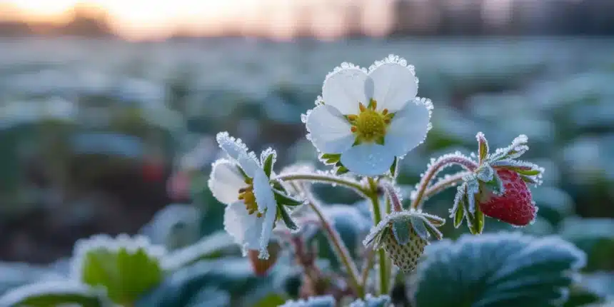 Kwiaty truskawek pokryte szronem po nocnym przymrozku w Polsce w kwietniu