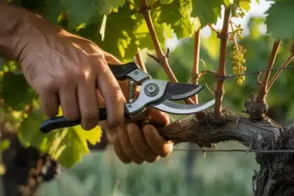 Sekator przycinający winorośl w ogrodzie – cięcie w marcu decyduje o zbiorach gron latem