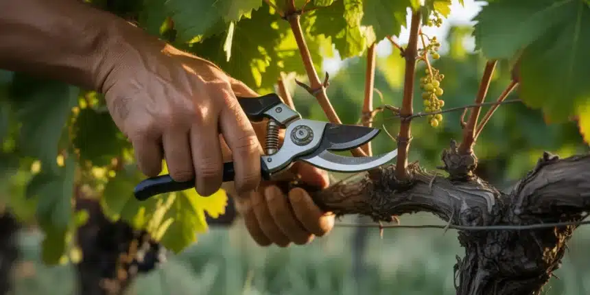 Sekator przycinający winorośl w ogrodzie – cięcie w marcu decyduje o zbiorach gron latem