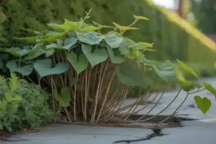 Rdestowiec ostrokończysty zwany polskim bambusem – inwazyjna roślina z pustymi łodygami rosnąca przez ogrodzenie