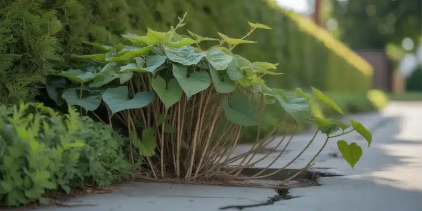 Rdestowiec ostrokończysty zwany polskim bambusem – inwazyjna roślina z pustymi łodygami rosnąca przez ogrodzenie
